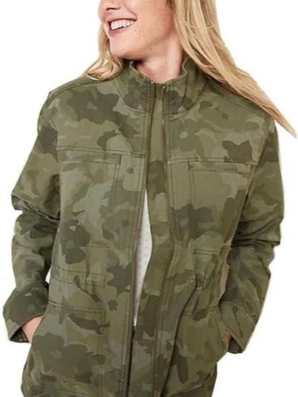 Old Navy Womens Size L Camo Canvas Army Green Full Zip Scout Utility Jacket